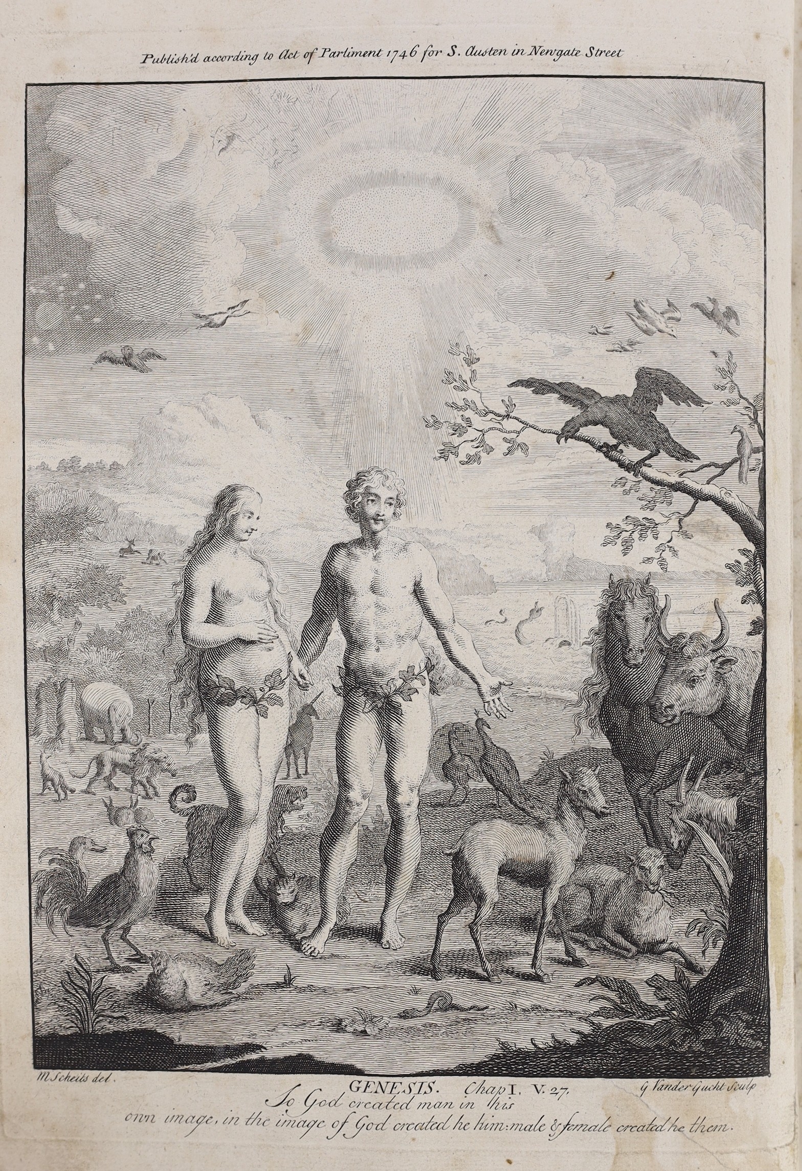 Holy Bible - Biblia dat is De gantsche H. Schrifture ... pictorial engraved title, d-page maps and a plan, engraved plates (with multi images): old leather with panelled spine, folio. Dordrecht & Amsterdam, 1686